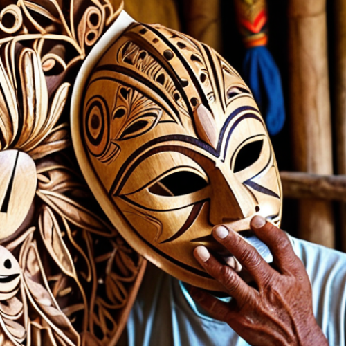 Home 11 **Prompt:** A skilled artisan in New Caledonia meticulously carves a traditional Kanak mask from ironwood, using hand tools. Capture the rich details of the mask, reflecting ancestral stories and spiritual significance. The workshop is filled with wood shavings, and natural light streams in. Emphasis on cultural heritage and craftsmanship.