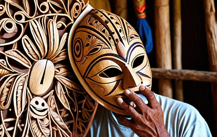 **Prompt:** A skilled artisan in New Caledonia meticulously carves a traditional Kanak mask from ironwood, using hand tools. Capture the rich details of the mask, reflecting ancestral stories and spiritual significance. The workshop is filled with wood shavings, and natural light streams in. Emphasis on cultural heritage and craftsmanship.