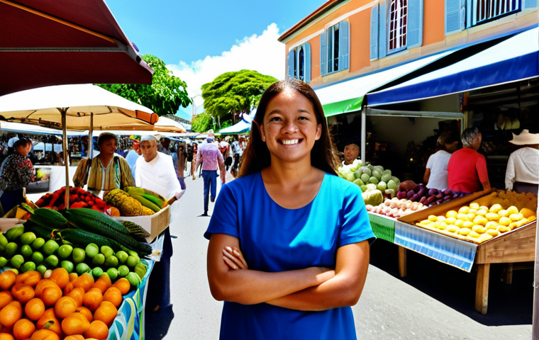 A solo traveler, fully clothed in modest, professional dress, exploring a vibrant outdoor market in Nouméa, New Caledonia. The market stalls are overflowing with exotic fruits and fresh produce. In the background, charming French colonial architecture with pastel facades lines the street. Sunny daylight, professional photography, high detail, realistic, vibrant colors, appropriate attire, safe for work, family-friendly, perfect anatomy, correct proportions, natural pose, well-formed hands, proper finger count, natural body proportions, appropriate content.