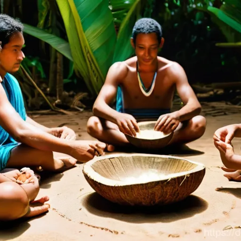 누벨칼레도니 전통 음료 - **Prompt for Kava Ceremony:**
    "A serene, authentic Kava ceremony in a rustic New Caledonian vill...