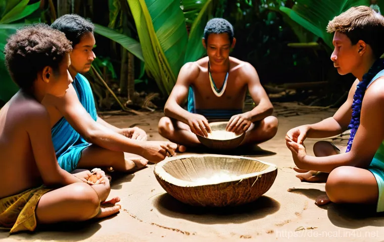 누벨칼레도니 전통 음료 - **Prompt for Kava Ceremony:**
    "A serene, authentic Kava ceremony in a rustic New Caledonian vill...