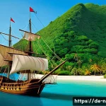 누벨칼레도니 주요 역사적 사건 - A detailed historical scene depicting the arrival of European explorers in New Caledonia in the 18th...