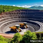 누벨칼레도니 현지 기업 소개 - A vibrant mining scene in New Caledonia showcasing a large open-pit nickel mine surrounded by lush t...