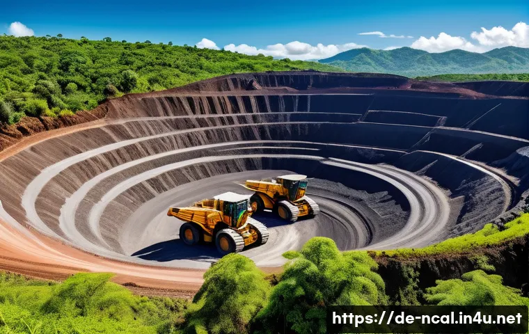 누벨칼레도니 현지 기업 소개 - A vibrant mining scene in New Caledonia showcasing a large open-pit nickel mine surrounded by lush t...