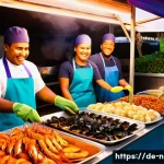 누벨칼레도니 길거리 음식 - A vibrant New Caledonian street food market scene at early evening, featuring a colorful stall with ...