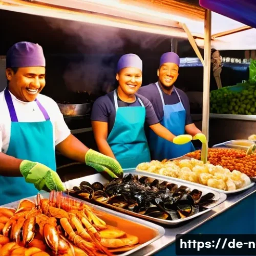 누벨칼레도니 길거리 음식 - A vibrant New Caledonian street food market scene at early evening, featuring a colorful stall with ...