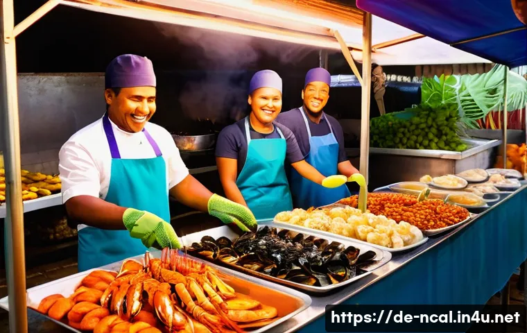누벨칼레도니 길거리 음식 - A vibrant New Caledonian street food market scene at early evening, featuring a colorful stall with ...