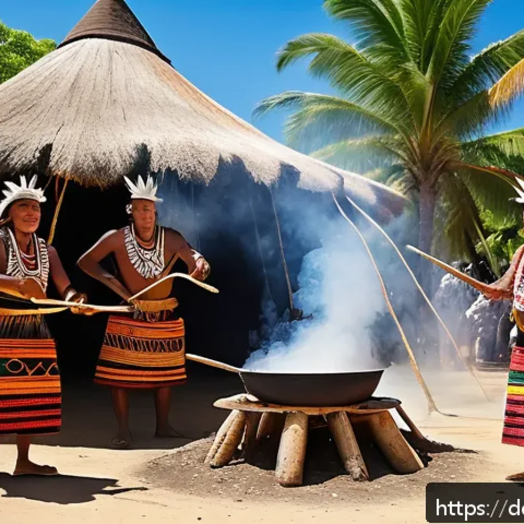 누벨칼레도니 프랑스령 식민지 역사 - A vibrant traditional Kanak festival scene in New Caledonia featuring indigenous people wearing colo...