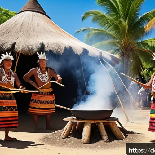 누벨칼레도니 프랑스령 식민지 역사 - A vibrant traditional Kanak festival scene in New Caledonia featuring indigenous people wearing colo...