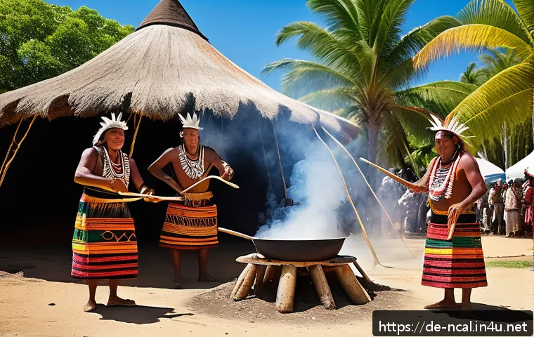 누벨칼레도니 프랑스령 식민지 역사 - A vibrant traditional Kanak festival scene in New Caledonia featuring indigenous people wearing colo...