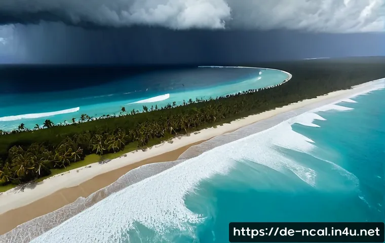 누벨칼레도니 태풍 발생 시기 - Photorealistic aerial view of New Caledonia’s tropical coastline during cyclone season, dramatic spi...